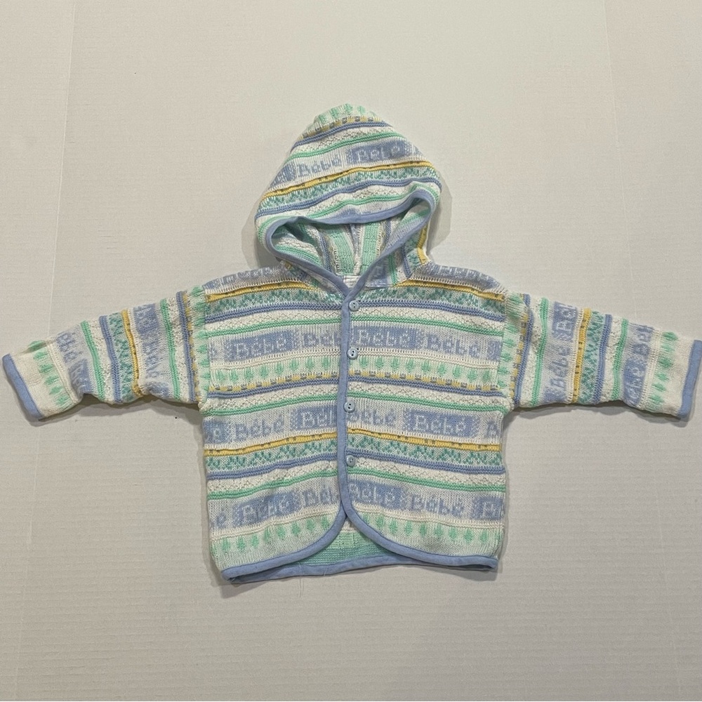 VTG 70s Bebe Sweater Baby 6-9 Months Hoodie Jacket Striped Blue Green Pastel
